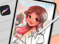 Ilustracja dziewczyny w stylu kreskówkowym, tworzona na tablecie z użyciem Apple Pencil. Ikona Procreate sugeruje, że to materiał do nauki: kurs Procreate.