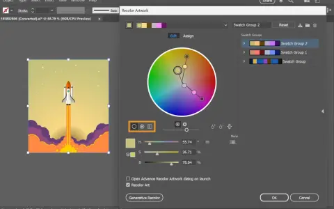 Panel "Recolor Artwork" w Adobe z kołem kolorów, rakietą kosmiczną i opcjami zmiany barw.