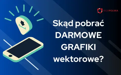 Telefon z ikoną pobierania i tekst: "Skąd pobrać DARMOWE GRAFIKI wektorowe?".