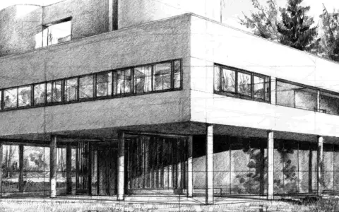 Szkic nowoczesnego domu z przeszklonymi ścianami i tarasem, tworzący harmonijną kompozycję geometryczną.