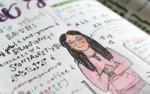 Rysunek w bullet journalu: uśmiechnięta dziewczyna w okularach i różowej bluzie, otoczona listą rzeczy, które kocha, jak bieganie i kawa.
