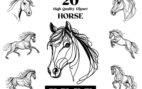 Zestaw eleganckich koników do rysowania w stylu line art. Idealne do projektów graficznych i ozdób.