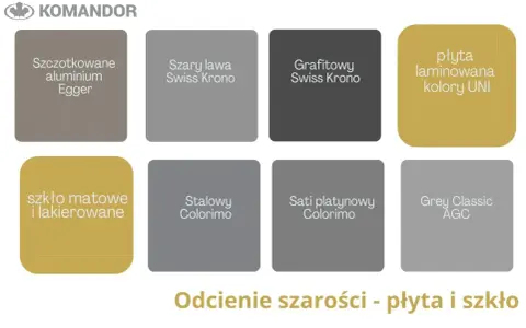 Kolekcja Komandor prezentuje odcienie szarości: szczotkowane aluminium, szary lawa, grafitowy, płyta laminowana, szkło matowe, stalowy, sati platynowy i Grey Classic.
