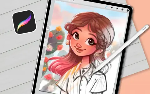 Ilustracja dziewczyny w stylu kreskówkowym, tworzona na tablecie z użyciem Apple Pencil. Ikona Procreate sugeruje, że to materiał do nauki: kurs Procreate.