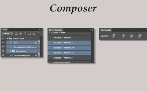 Panel "Composer" z wtyczkami do Photoshop, pokazujący warstwy, kompozycje warstw i opcje aktualizacji.