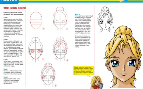 Rysunek przedstawia instrukcję krok po kroku, jak narysować twarz dziewczyny w stylu manga.