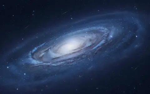 Wirująca galaktyka w odcieniach głębokiej barwy niebieskiej, otoczona milionami gwiazd i smugami spadających meteorów.