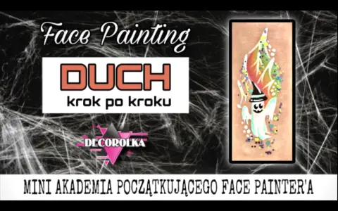 Mini Akademia Face Painting: jak narysować ducha krok po kroku. Uroczy, uśmiechnięty duch w czapce z brokatem.