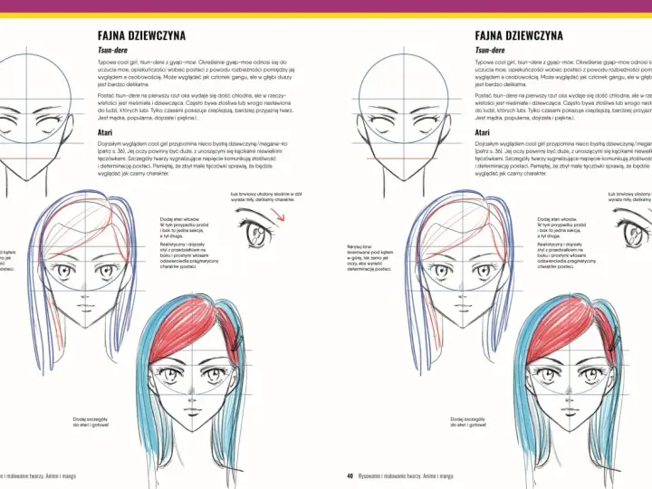 Rysunki anime łatwe: tutorial rysowania twarzy dziewczyny w stylu tsun-dere i atari, z instrukcjami dotyczącymi oczu, brwi i włosów.