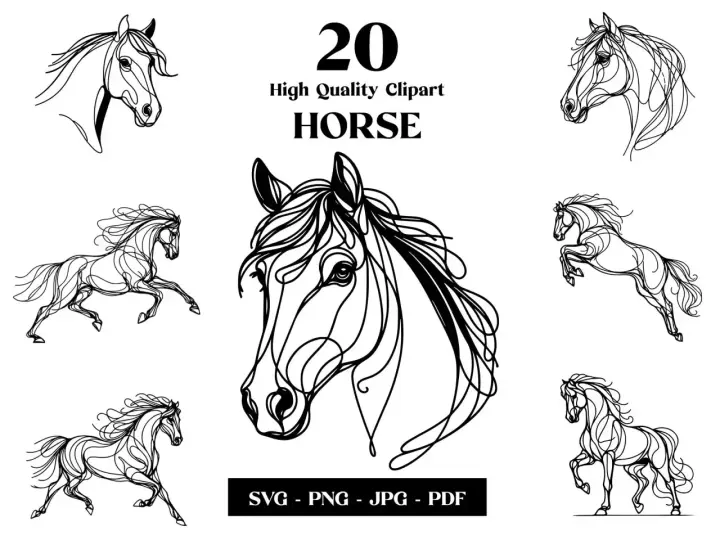Zestaw eleganckich koników do rysowania w stylu line art. Idealne do projektów graficznych i ozdób.